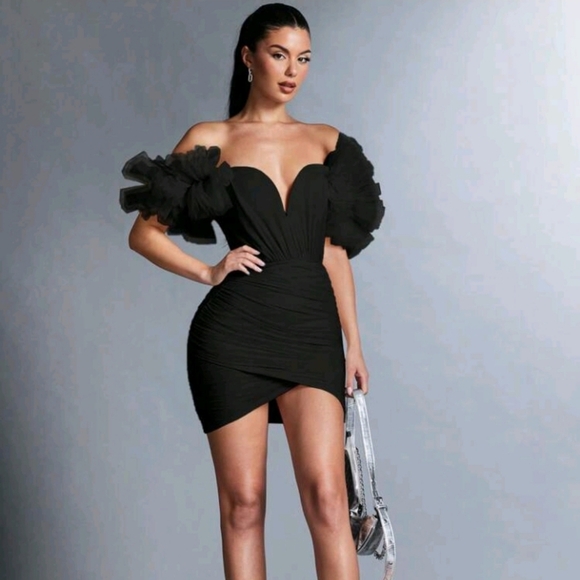 Women's Solid Color Off Shoulder Mesh Ruffle Trim Wrap Dress - Picture 3 of 4